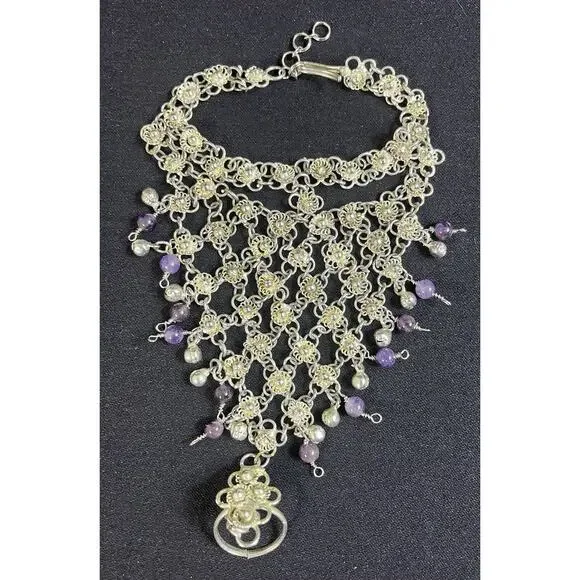 Slave Bracelet Silver Metal & Amethyst Stones Repurposed, Vintage Style Unique - Picture 1 of 9